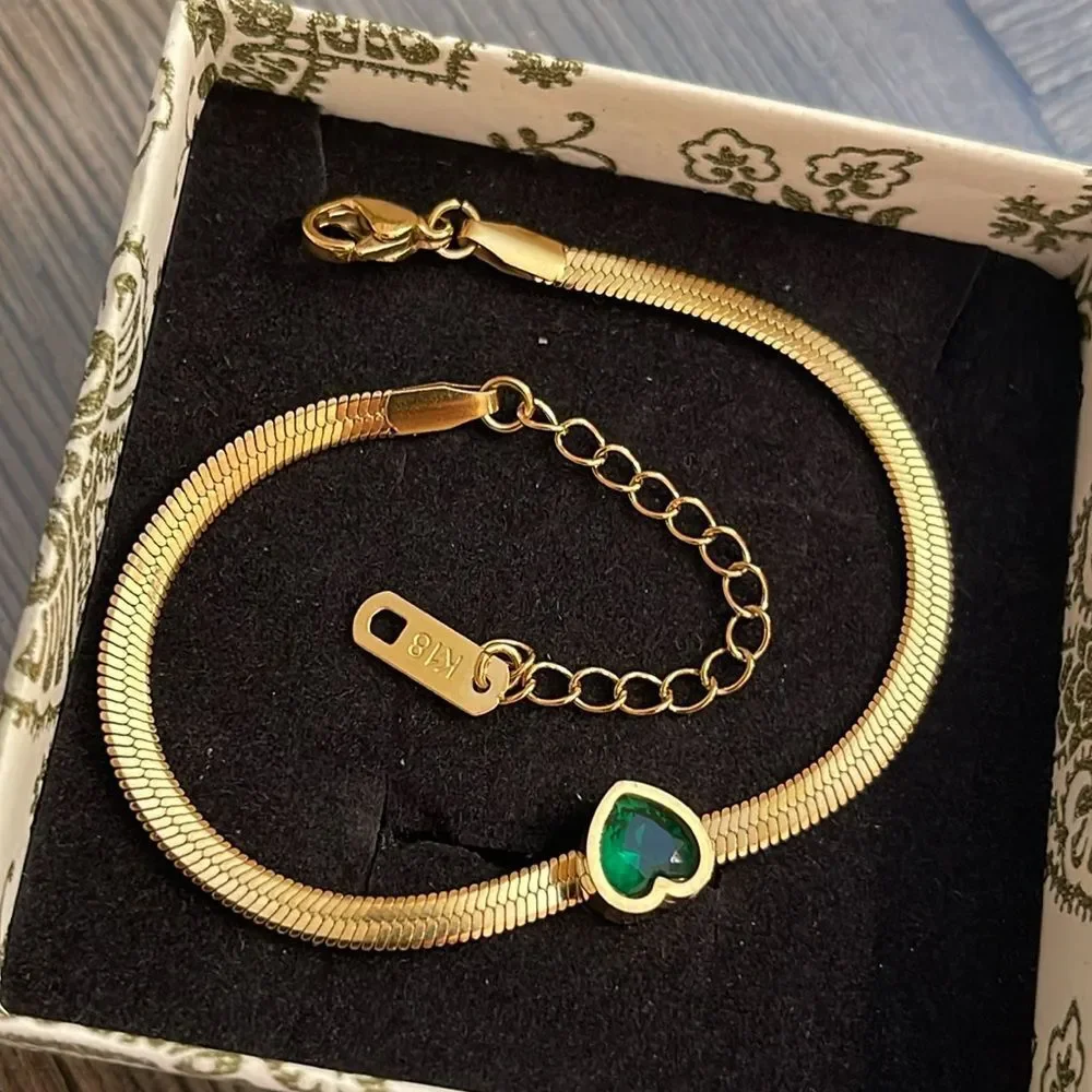 18K Gold Plated Stainless Steel Snake Chain Green Cubic Zirconia Heart Bracelet